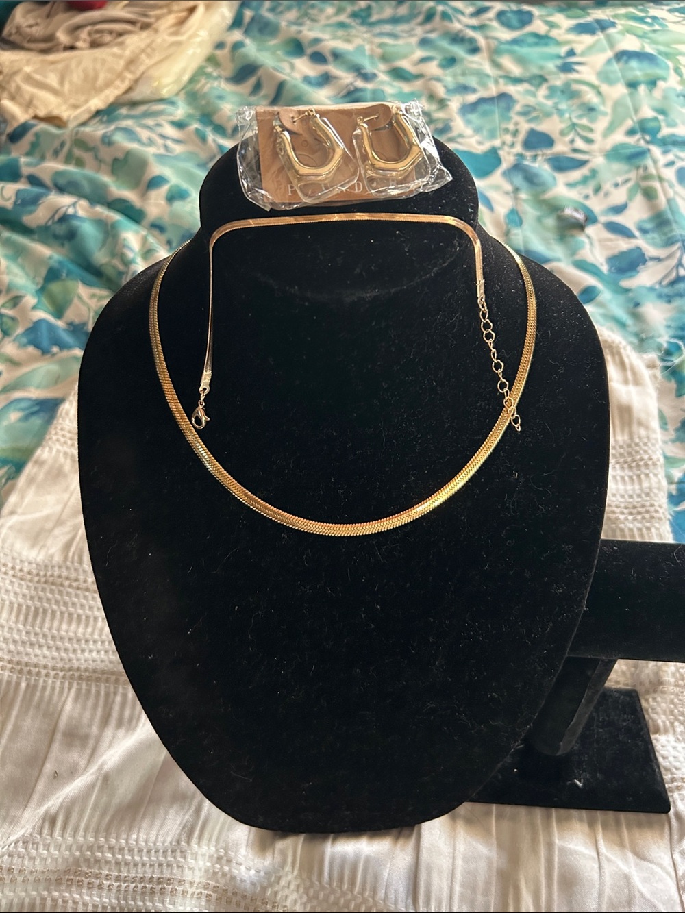 Gold-Tone Herringbone Necklace with bracelet and Matching Hoop Earrings